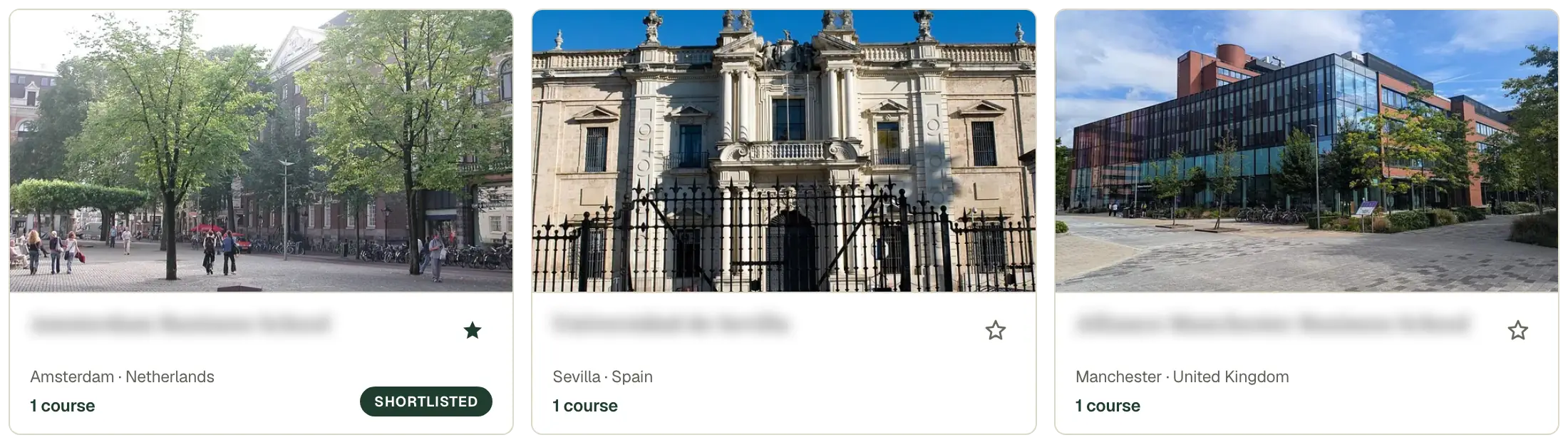 Three school cards, each with a campus photograph, the school name hidden, and the city and country