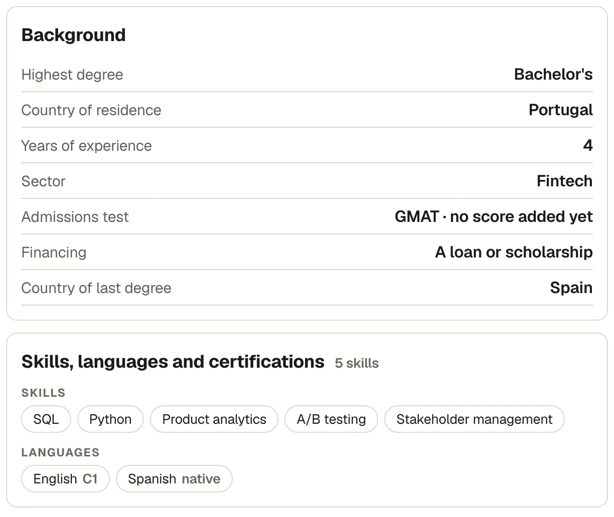 Background card with answers for degree, country, experience, sector, admission test and financing, above a card listing skills and languages
