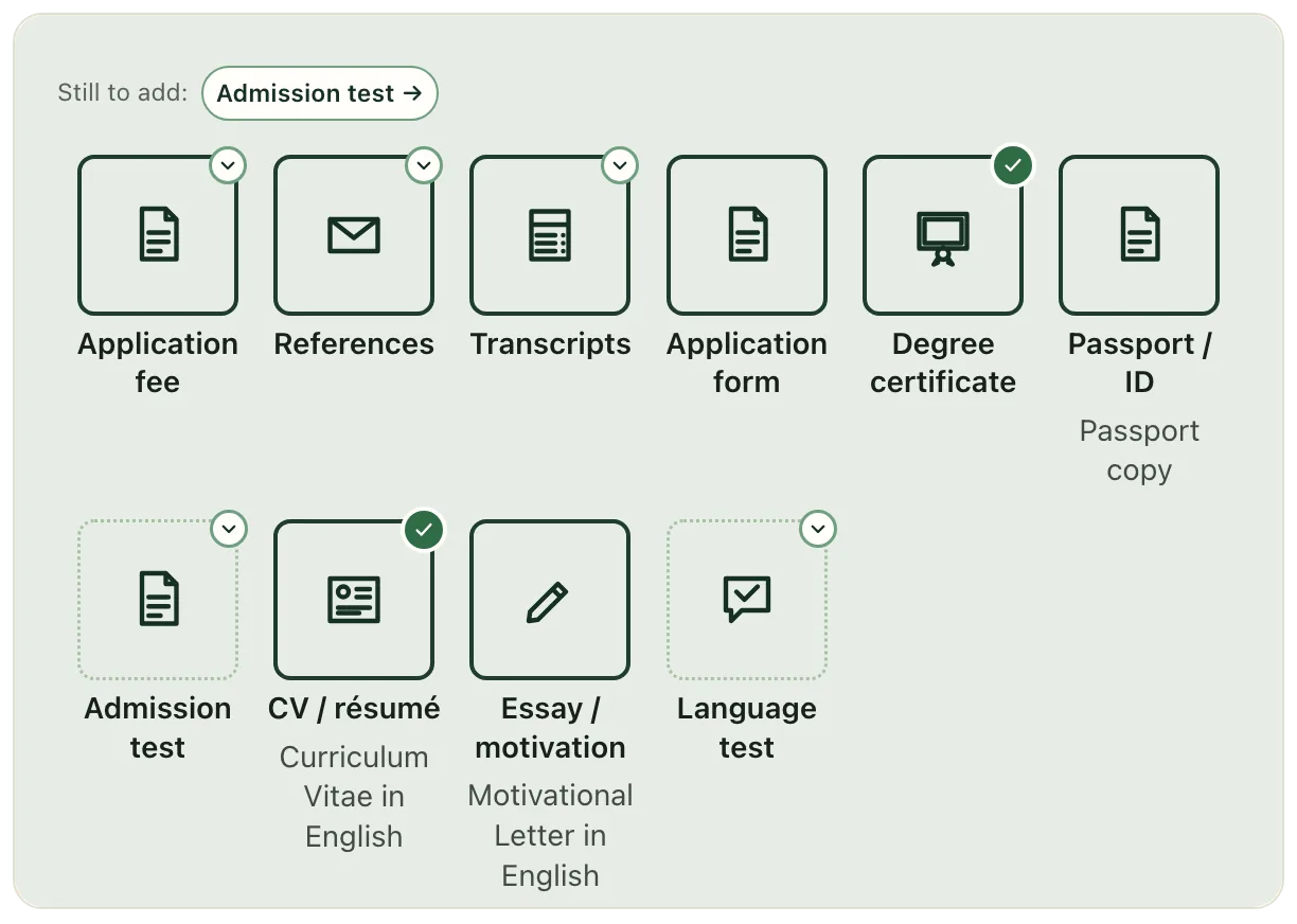 Admission requirements card for a programme, the CV and degree certificate marked as met and the admission test still to add
